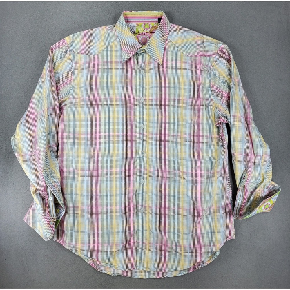 Robert Graham Button Down Shirt Mens L Multicolor Plaid‎ Western Contrast Cuffs